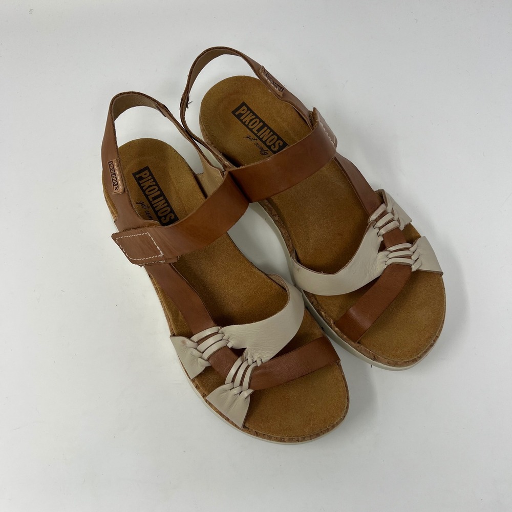 Pikolinos Mahon Sandals Womens 39 Brown Cream Strappy Cork Wedge Comfort Walking